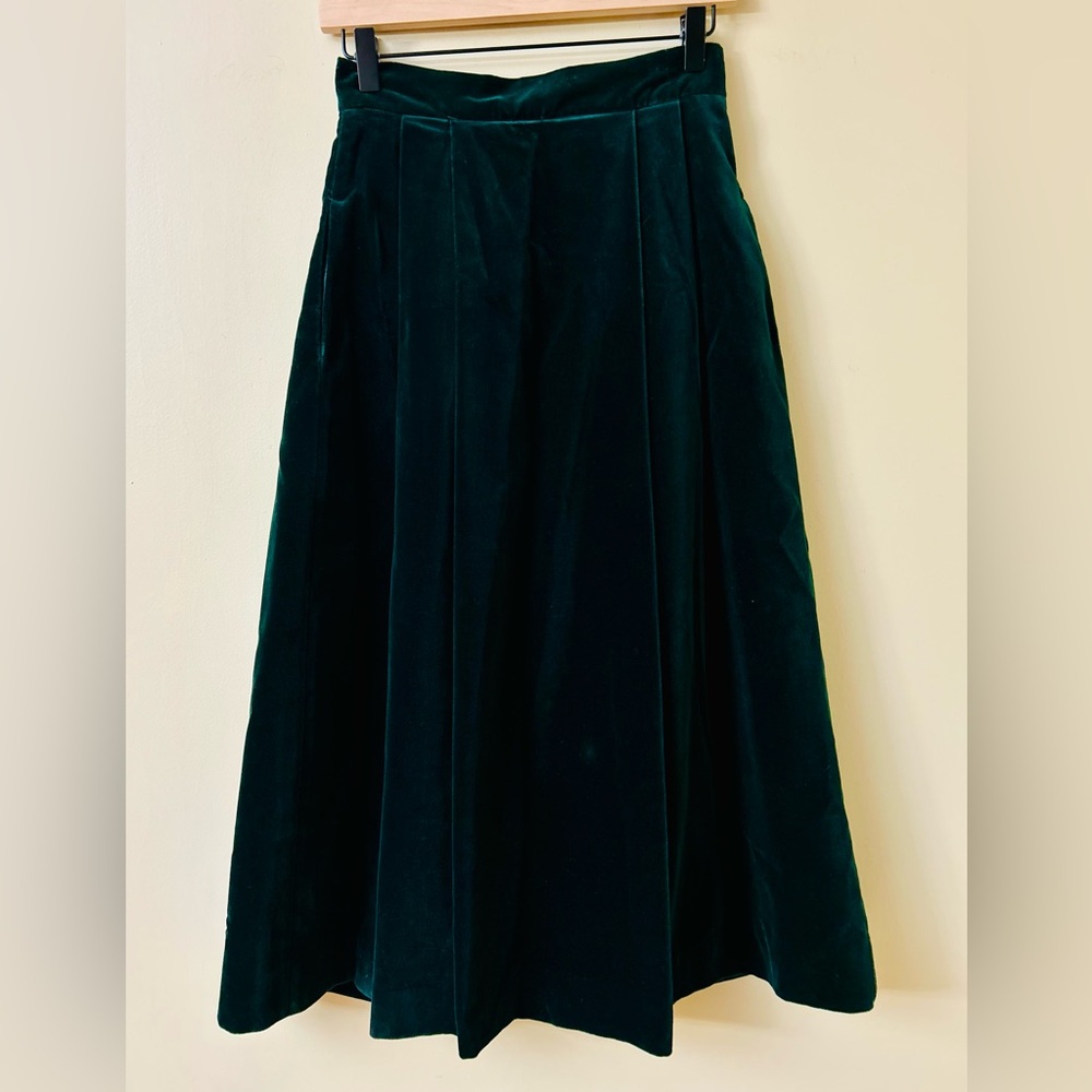 Vintage Laura Ashley Velvet Pleated Maxi Skirt in Forest Green